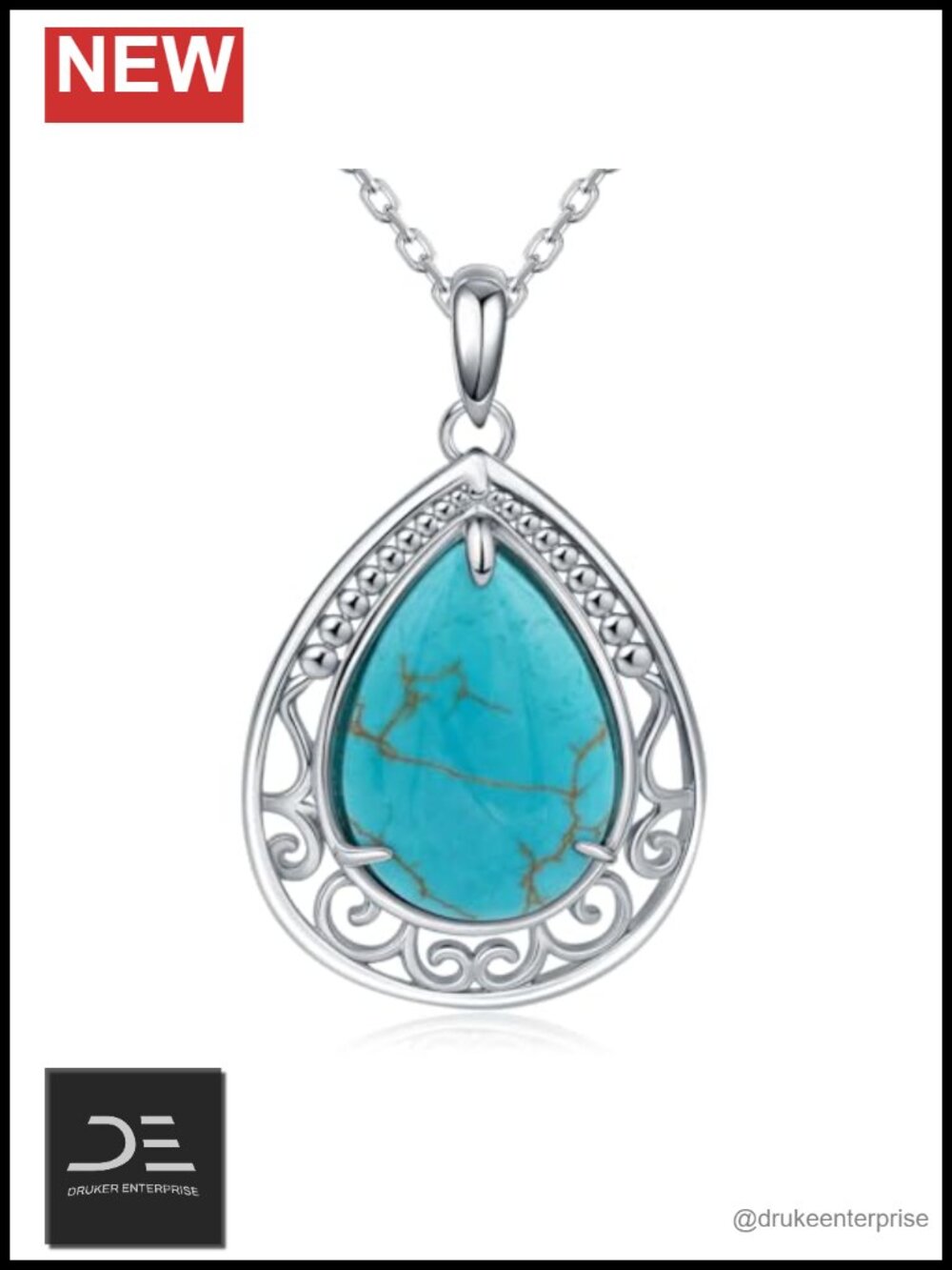Genuine Turquoise Necklace 925 Sterling Silver Pendant Filigree Teardrop Boho